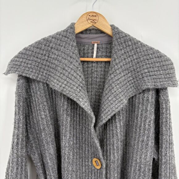 Free People Taffy Long Cardigan in Gray, Sz Medium, Wool Blend Waffle Knit - Picture 5 of 11
